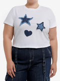 Social Collision Star & Heart Denim Patches Girls Crop T-shirt Plus Size | Trendy Graphic Tee