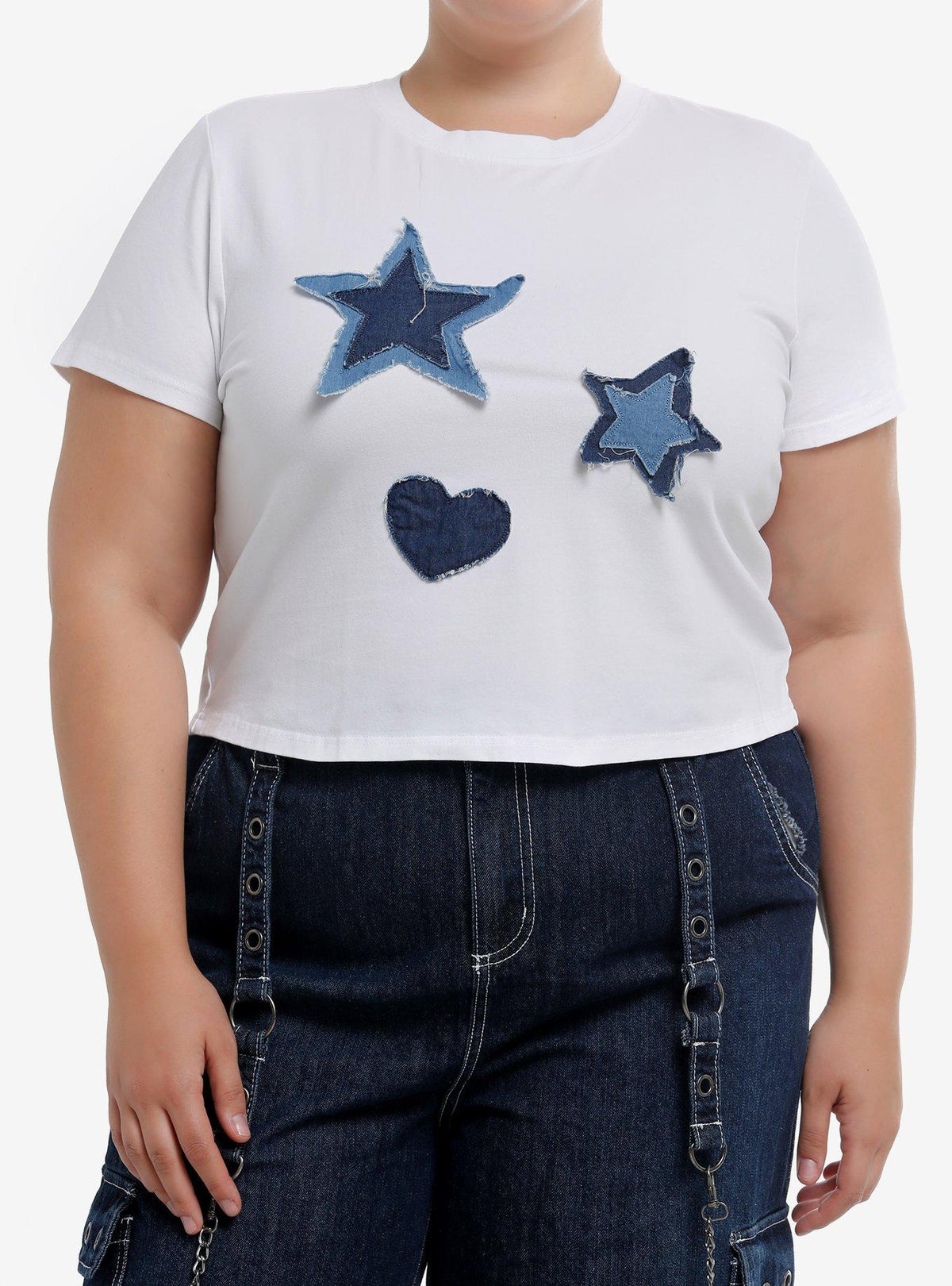 Social Collision Star & Heart Denim Patches Girls Crop T-shirt Plus Size | Trendy Graphic Tee