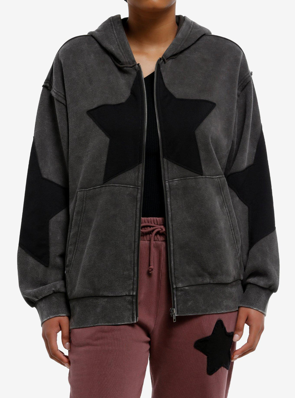 Black Star Patch Washed Girls Hoodie