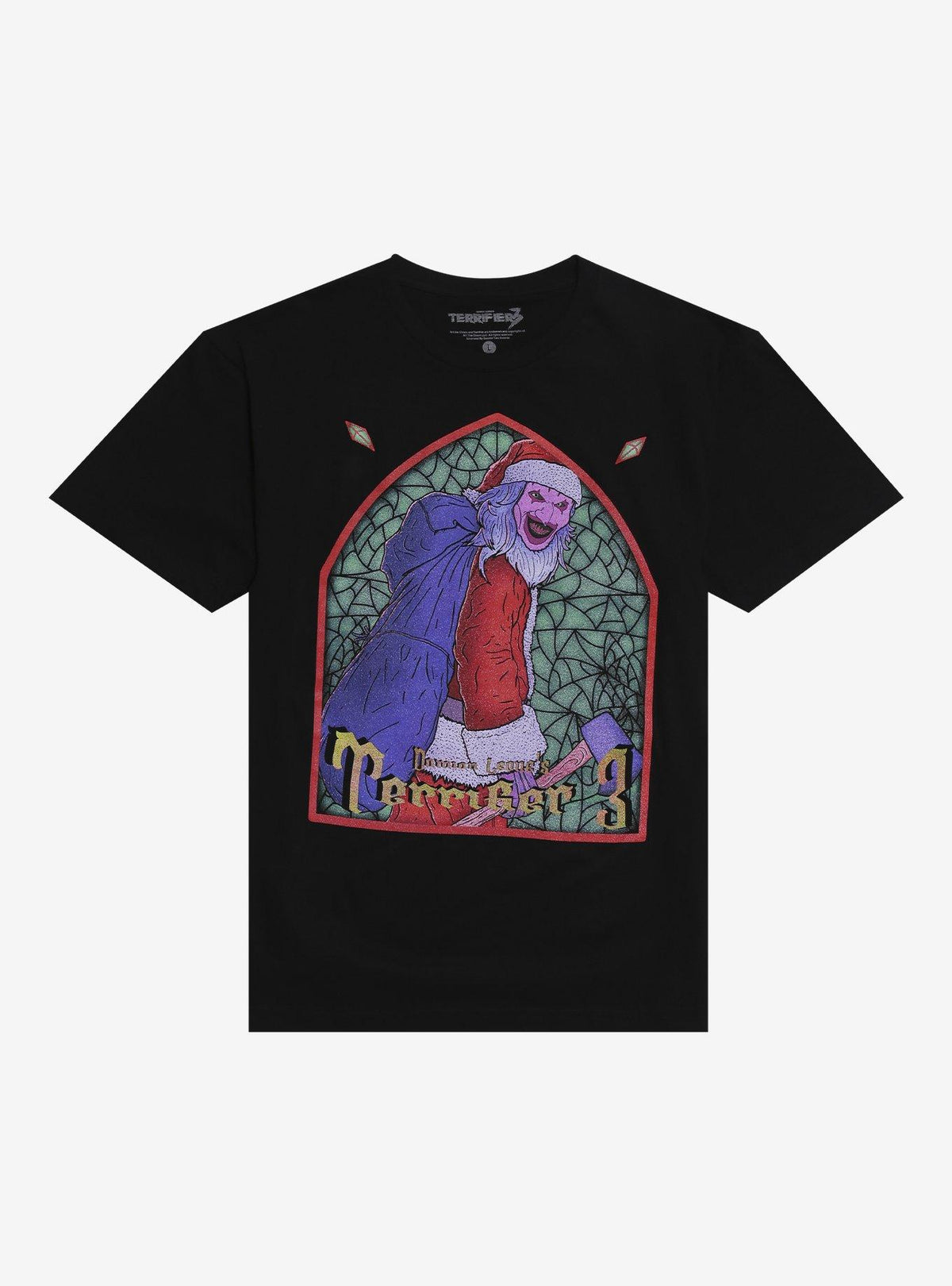 Terrifier Art The Clown Santa Stained Glass TShirt By Sketch Scythe T-Shirt | Fan Favorite Artwork | Trending Festive Apparel