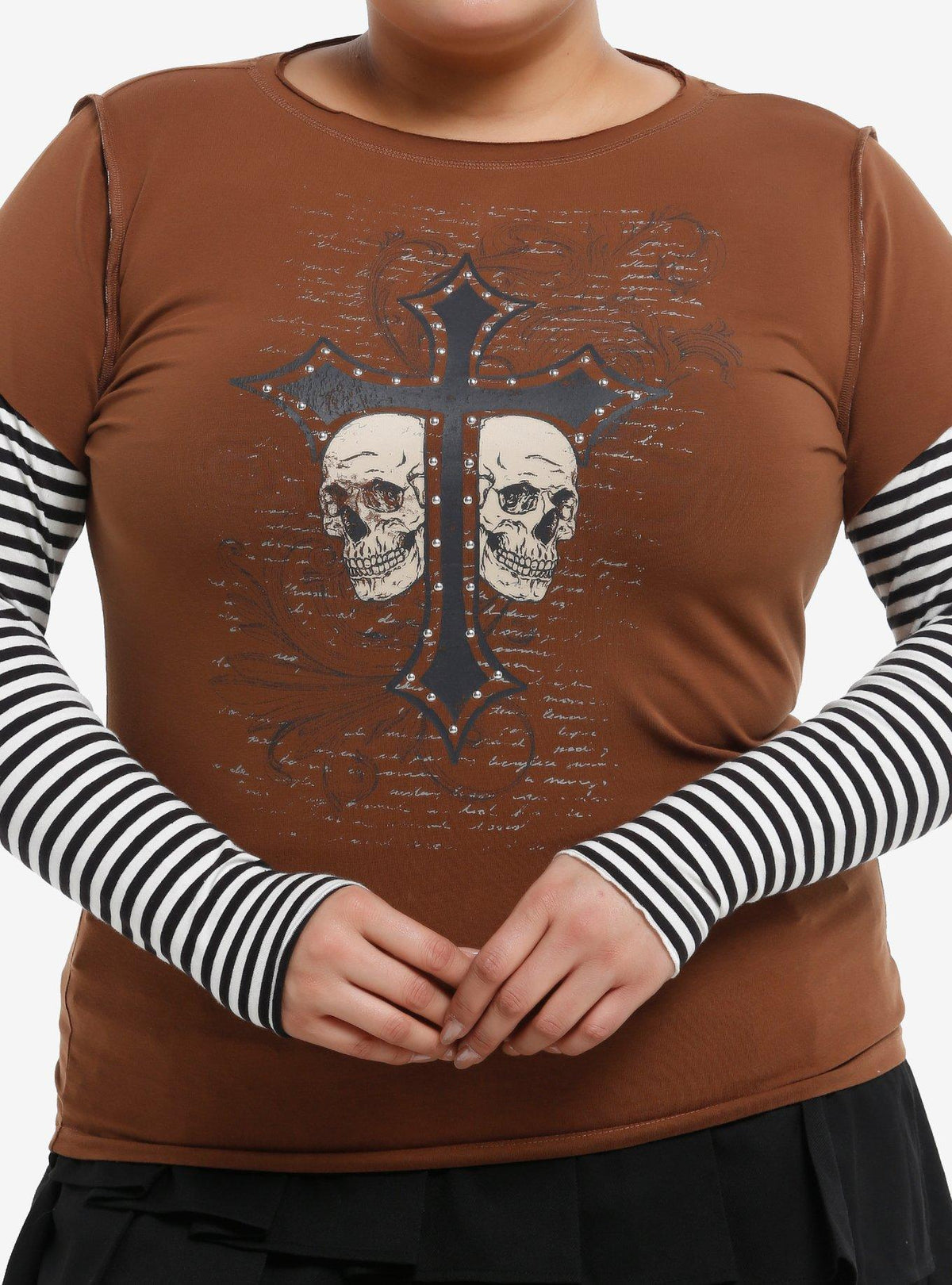 Skull Cross Rhinestones Striped Girls Twofer Long-Sleeve T-Shirt Plus Size | Premium Unisex T-Shirt, Trending Graphic Tee