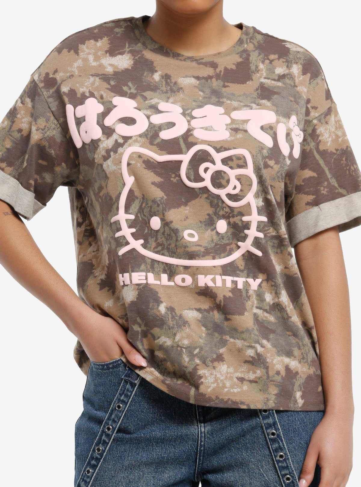 Hello Kitty Camo Pink Puff Print Boyfriend Fit Girls T-Shirt | Premium Unisex T-Shirt, Trending Graphic Tee