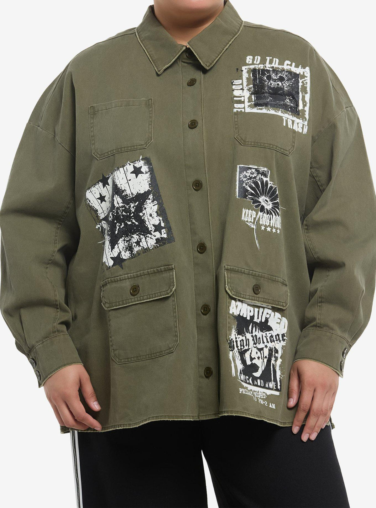 Olive Green Washed Punk Patches Girls Work Jacket Plus Size