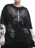 Black White Winged Cross Skulls Girls Twofer Long-Sleeve T-Shirt Plus Size | Premium Unisex T-Shirt, Trending Graphic Tee