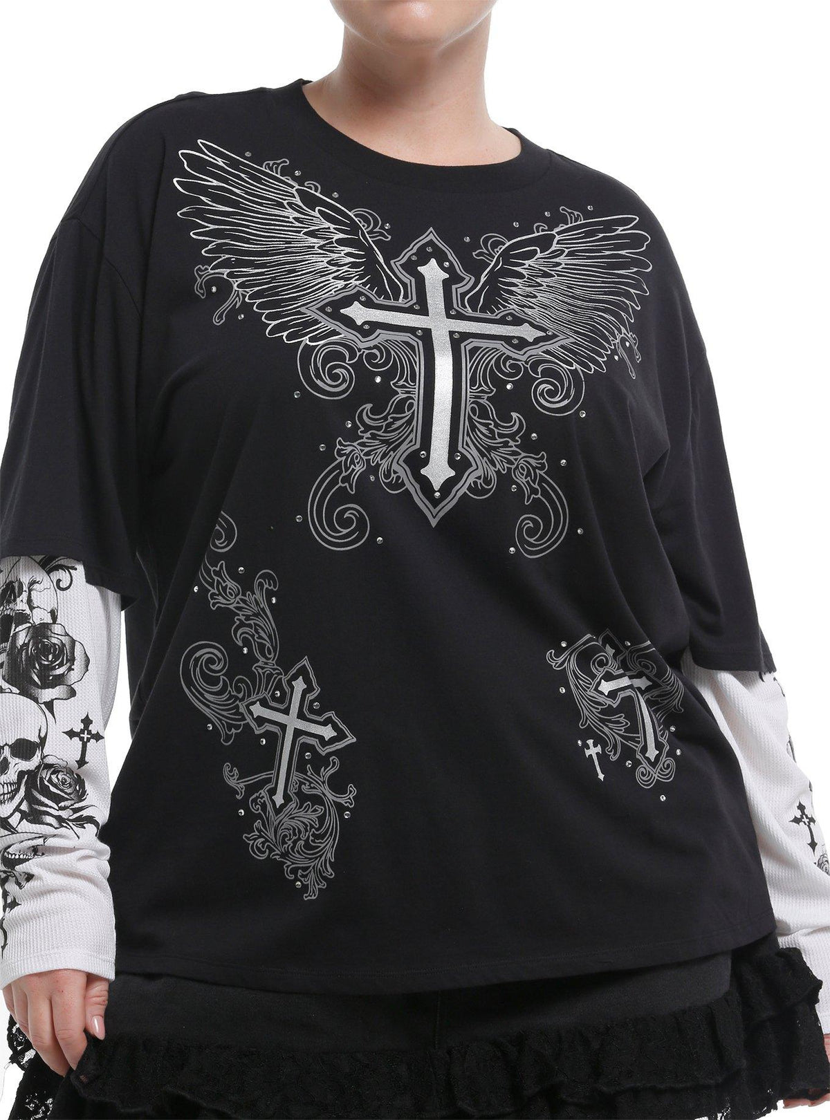 Black White Winged Cross Skulls Girls Twofer Long-Sleeve T-Shirt Plus Size | Premium Unisex T-Shirt, Trending Graphic Tee