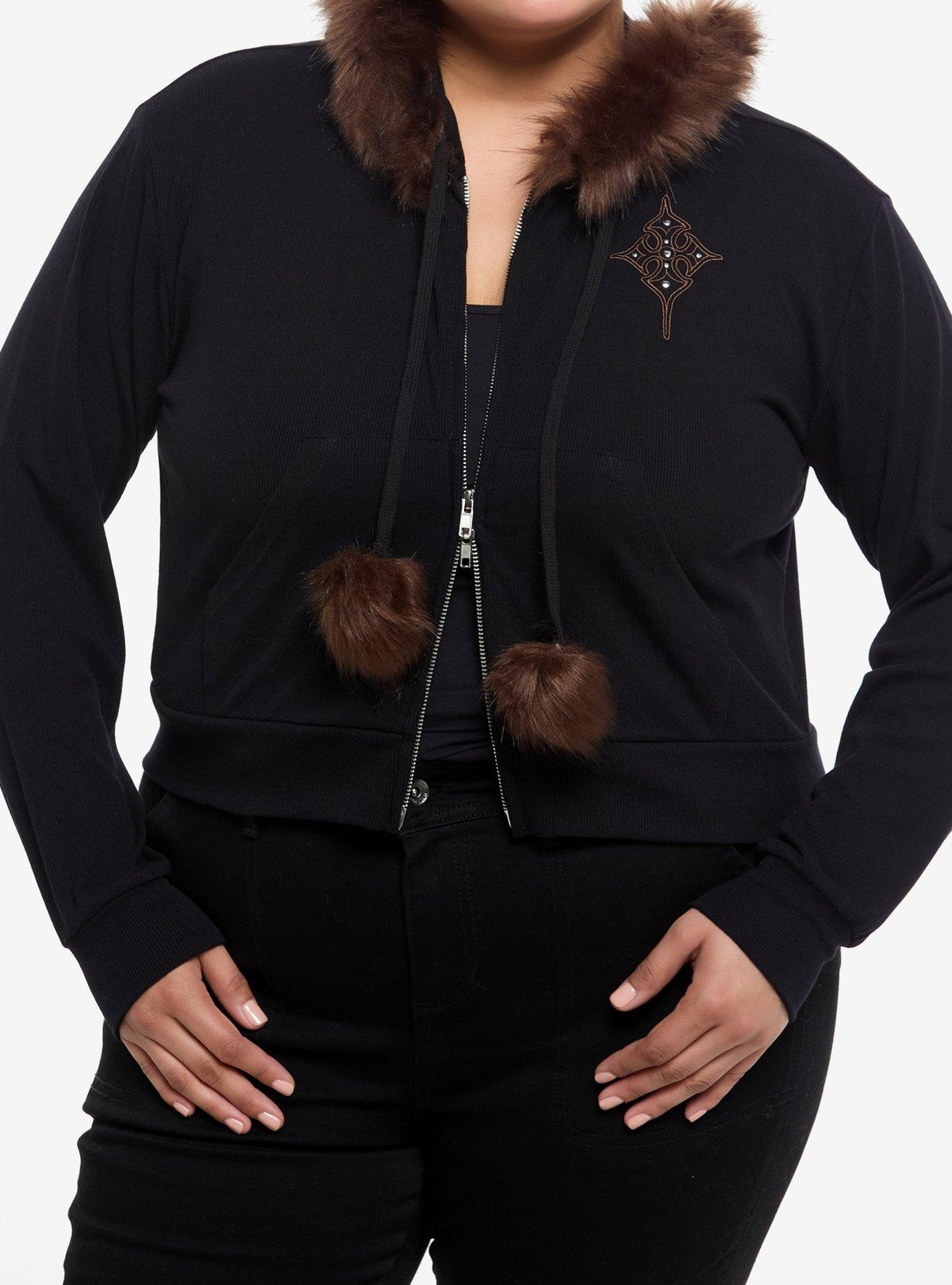 Social Collision Black & Brown Faux Fur Trim Crop Girls Hoodie Plus Size