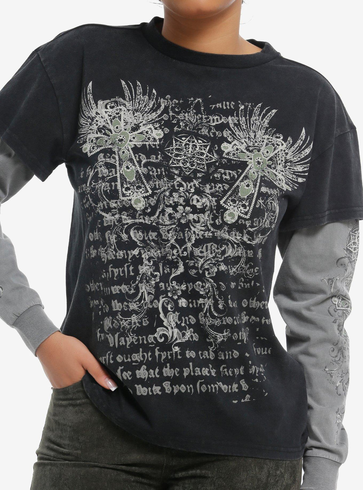 Winged Cross Black Green Girls Twofer Long Sleeve T Shirt