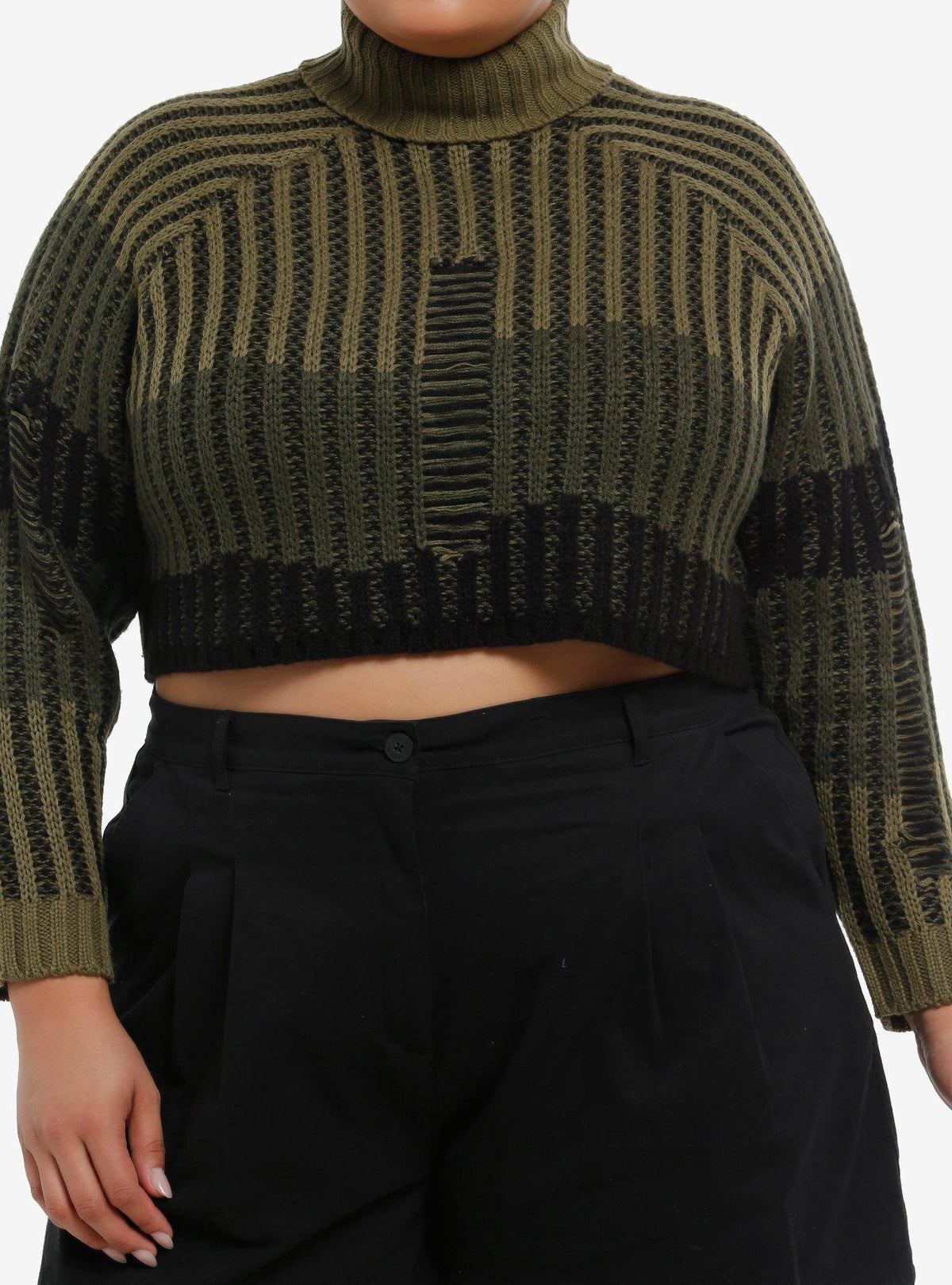 Green Stripe Destructed Girls Crop Sweater Plus Size