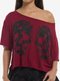 Maroon Black Glitter Skull Girls Off Shoulder T Shirt