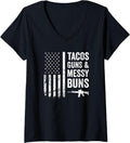 Womens Tacos Guns Messy Buns Funny Taco Pro Gun Usa Flag V Neck Apparel Premium Print