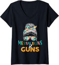 Womens Messy Buns And Guns Tshirt For Women Wife Mom Pink Leopard V Neck T Shirt Everyday Wear 2
