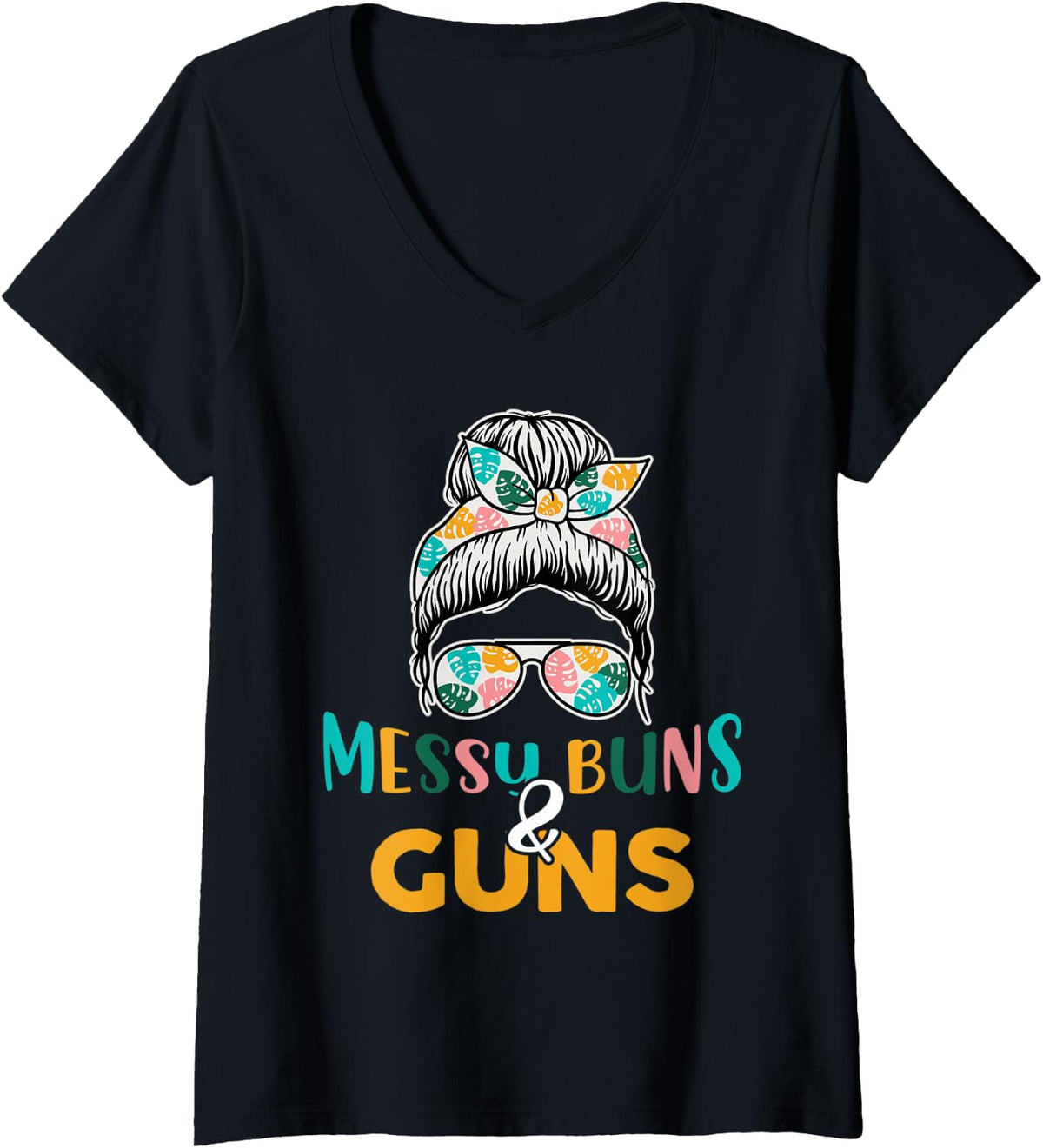 Womens Messy Buns And Guns Tshirt For Women Wife Mom Pink Leopard V Neck T Shirt Everyday Wear 2