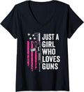 Womens Just A Girl Who Loves Guns Funny Gun Owner Pink Usa V Neck Apparel Clean Design