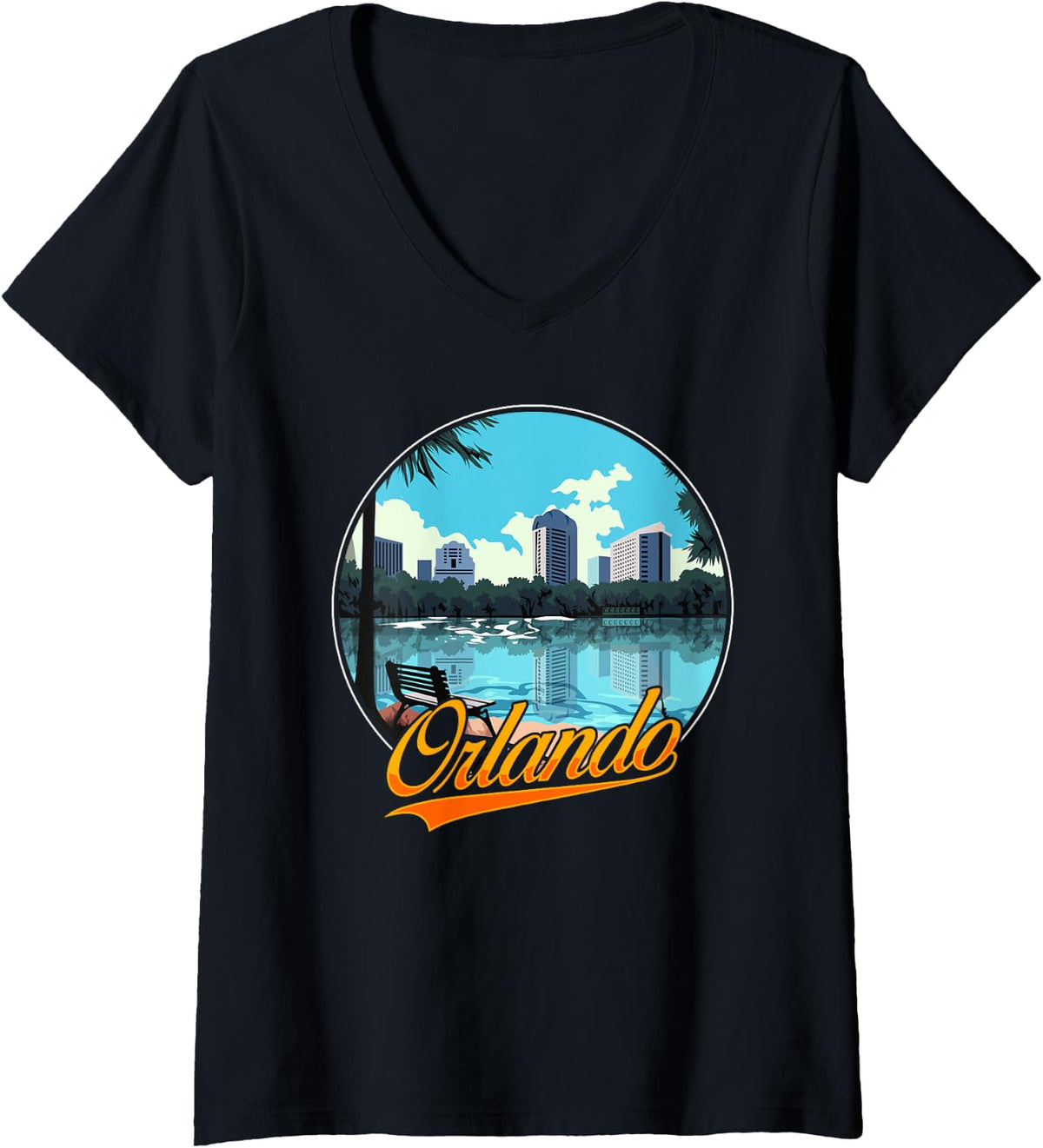 Womens Orlando Florida Souvenir City Skyline Park Bench Palm Trees V Neck Apparel Gift Ready