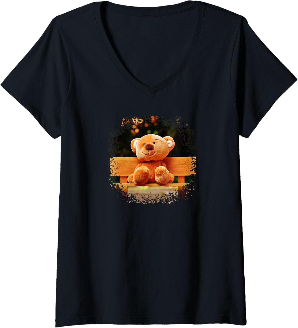 Womens A Cute Teddy Bear Sat On Little Bench V Neck Apparel Premium Print