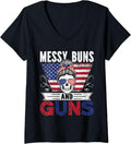 Womens Messy Buns And Guns Tshirt For Women Wife Mom American Flag V Neck T Shirt Gift Ready