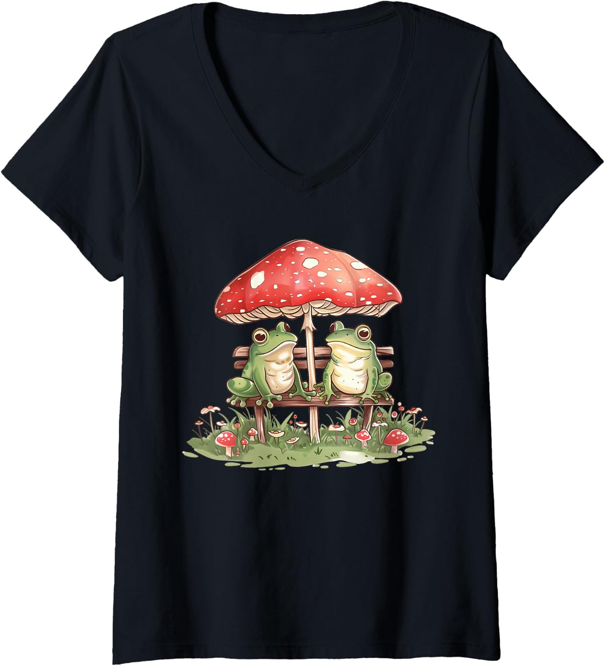 Womens Frog Couple On Bench By Mushroom Umbrella Nature Love V Neck Apparel Premium Print