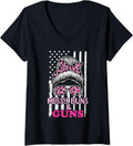 Womens Messy Buns And Guns Tshirt For Women Wife Mom Pink Leopard V Neck T Shirt Everyday Wear