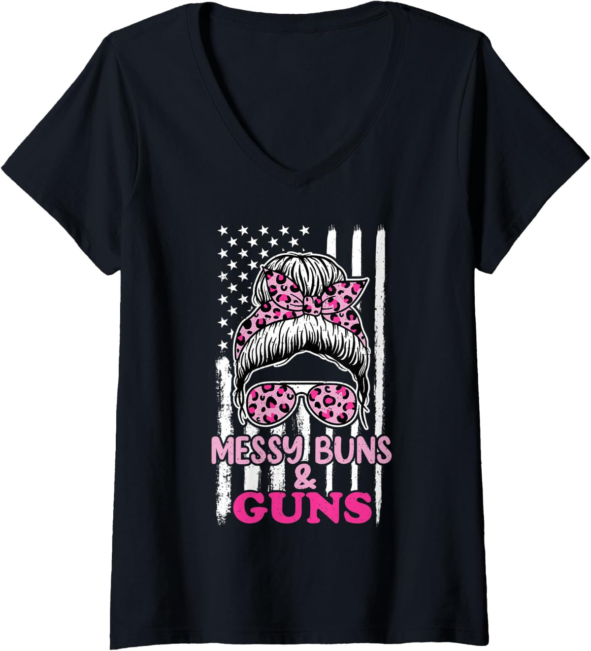 Womens Messy Buns And Guns Tshirt For Women Wife Mom Pink Leopard V Neck T Shirt Everyday Wear