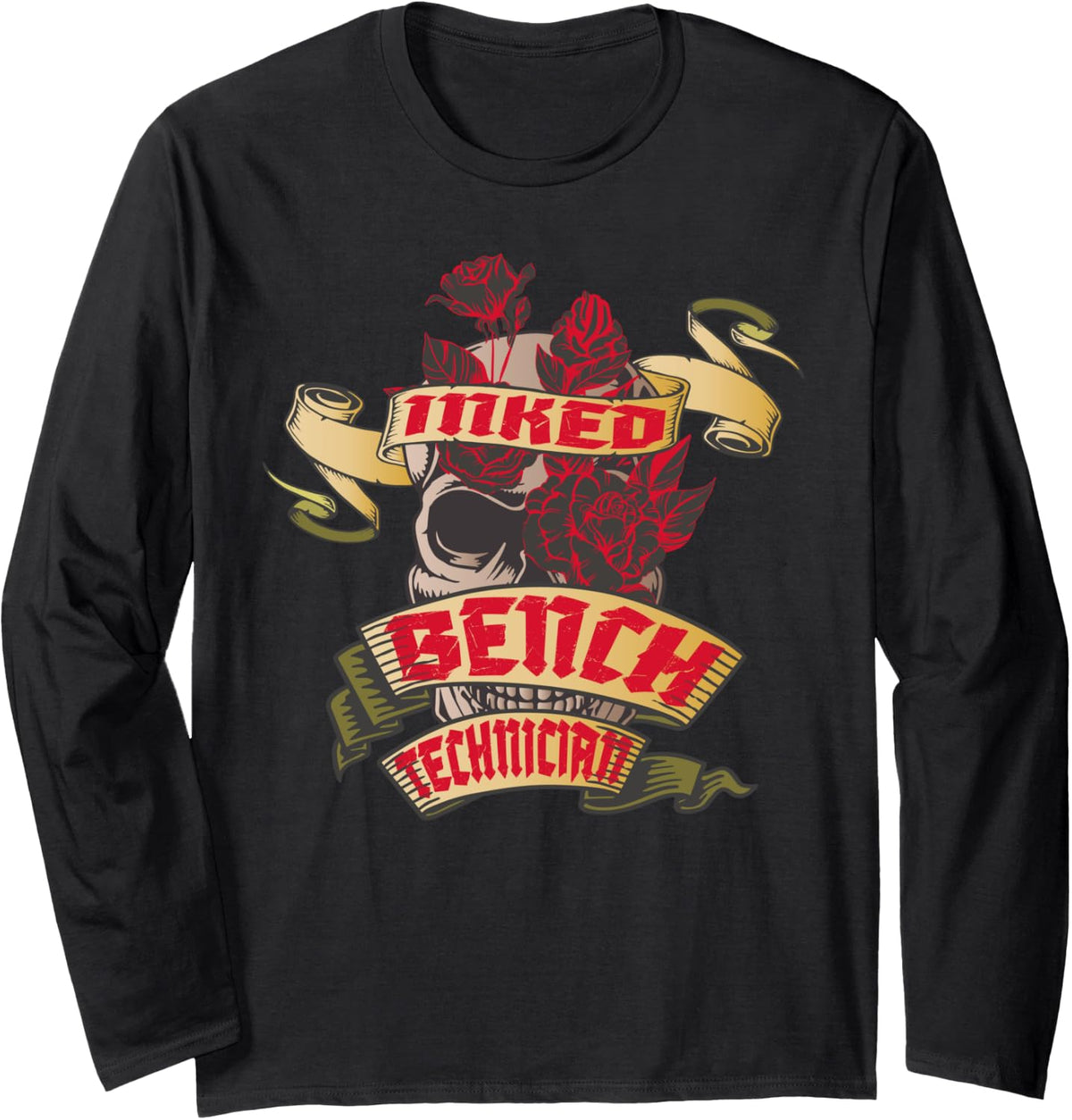 Bench Technician Inked Skull Red Roses Tattoo Long Sleeve Apparel Premium Print