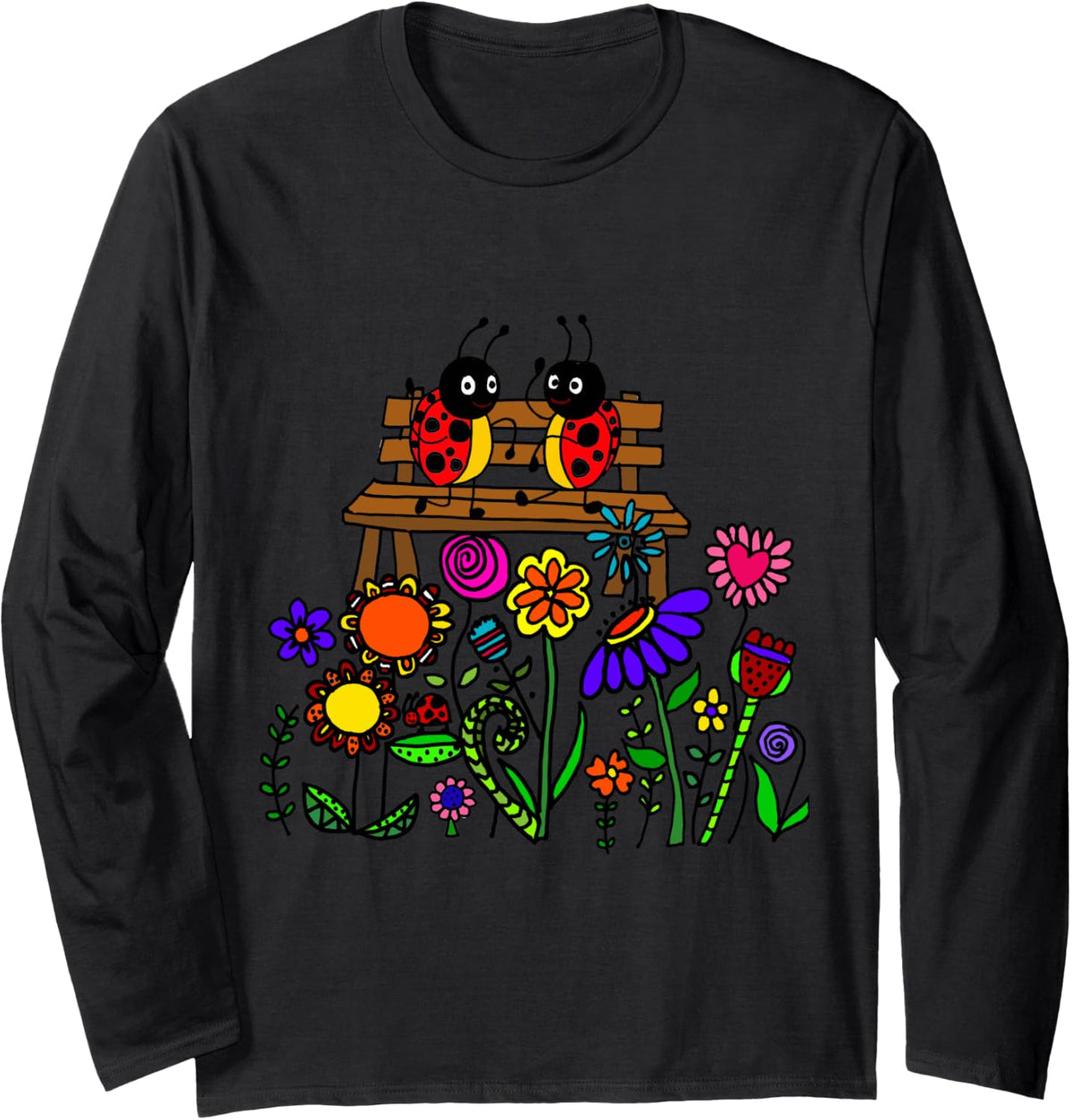 Smileteesanima Funny Dancing Ladybugs On Flower Garden Bench Long Sleeve T Shirt US Trend
