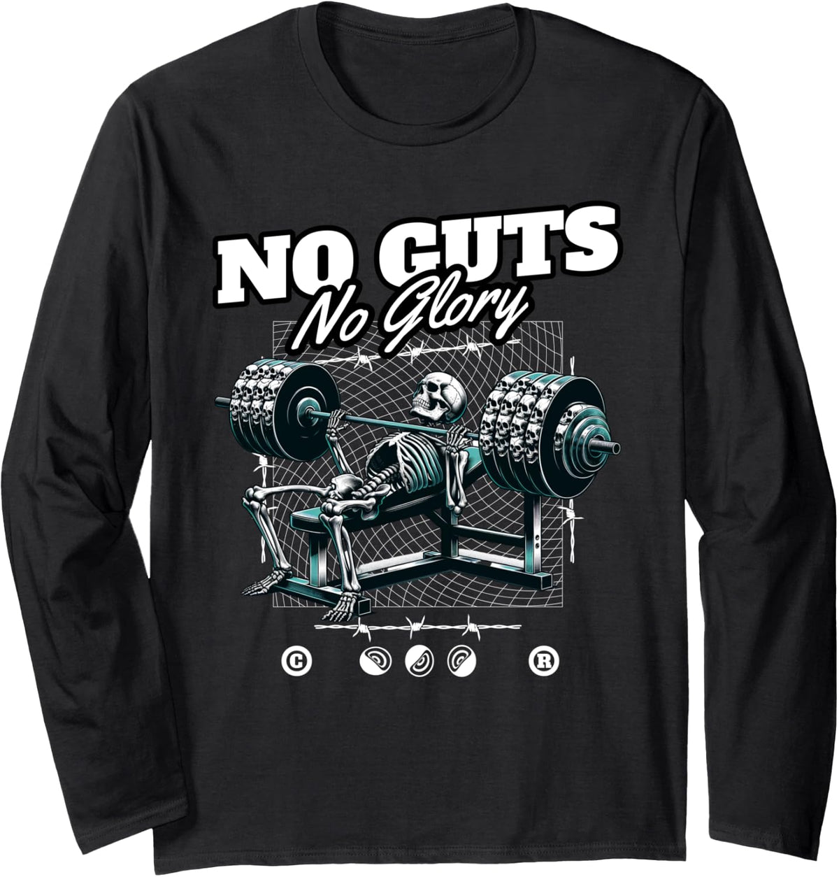 No Guts Glory Skeleton Bench Press Weightlifting Gym Long Sleeve Apparel Gift Ready