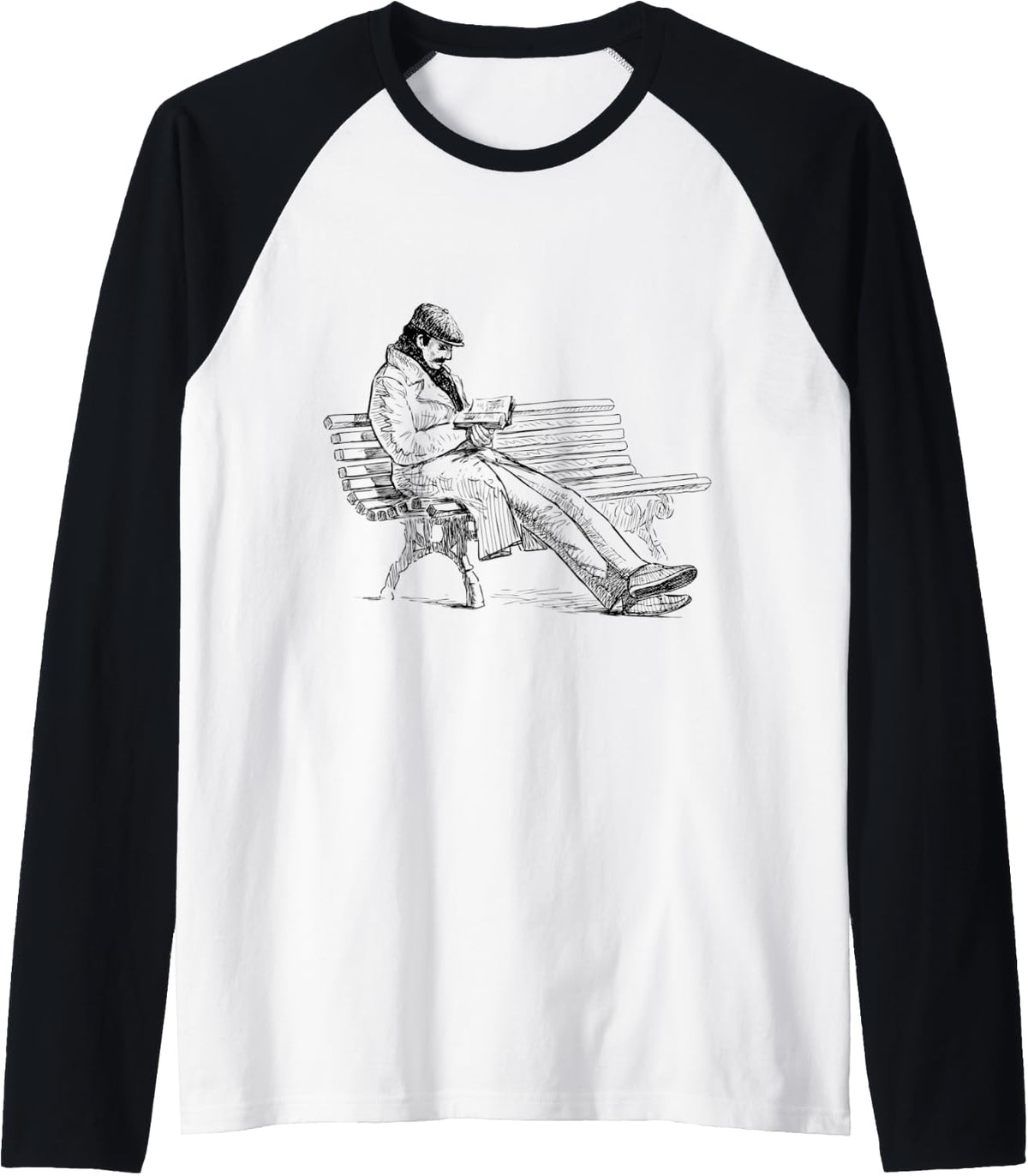 Pencil Drawing Shirt Art Motif Old Man On Bench Raglan Baseball Tee T Shirt Everyday Wear