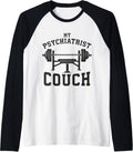 Bench Press Psychiatrist Couch Gym Workout Fitness Lifting Raglan Baseball Tee T Shirt Clean Design