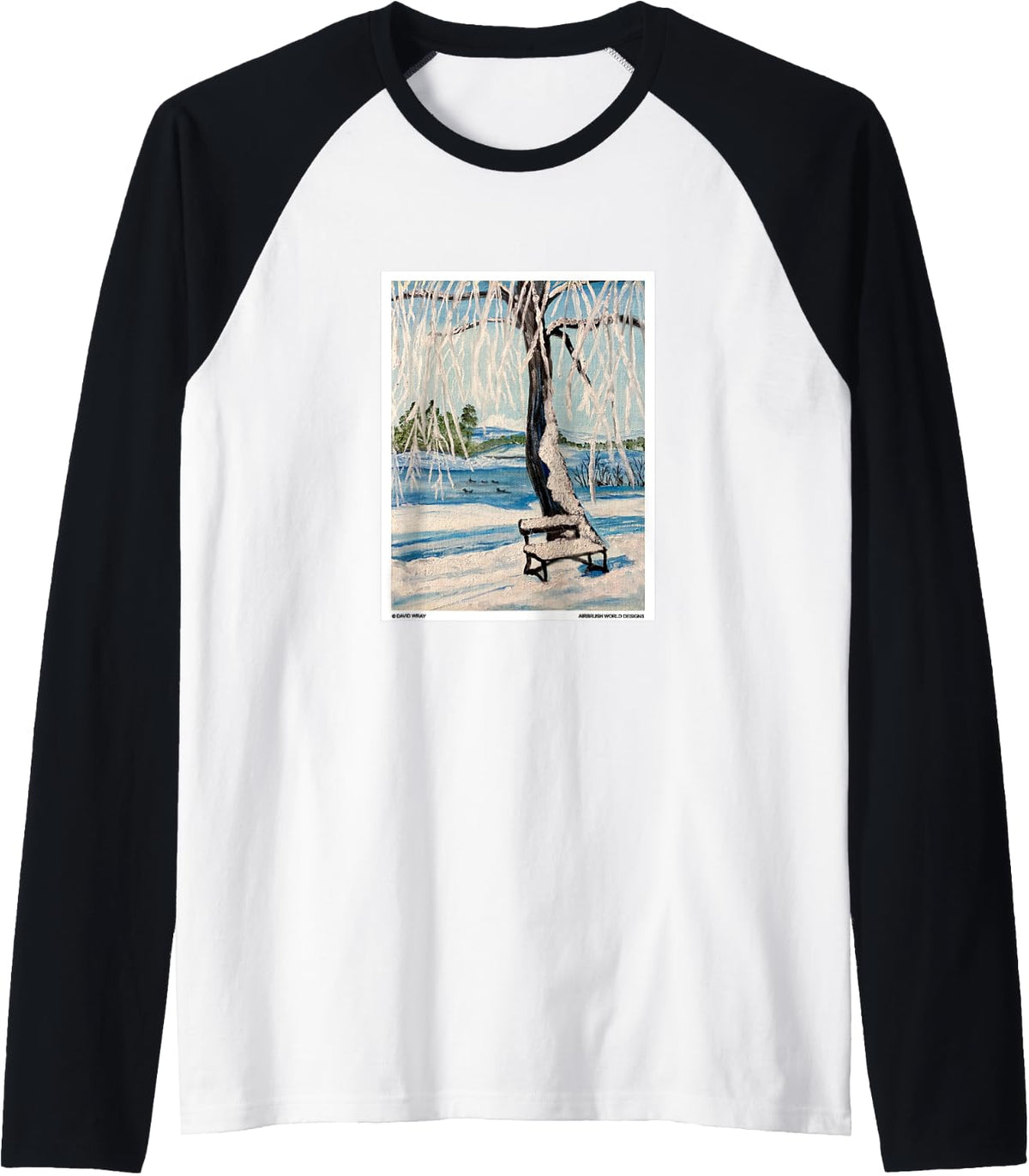 Snow Covered Bench Winter Landscape Oil Painting Novelty Raglan Baseball Tee T Shirt US Trend