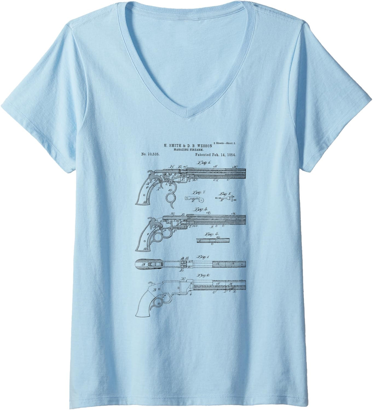 Womens Vintage Patent Print 1854 Old West Six Shooter Gun V Neck Apparel Gift Ready