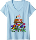 Womens Smilemoreteesa Funny Pink Flamingo Sitting On Garden Bench V Neck T Shirt Premium Print