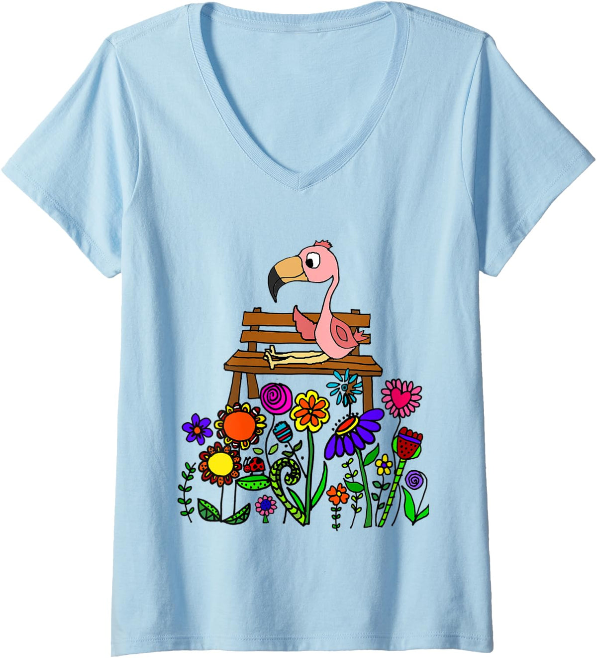 Womens Smilemoreteesa Funny Pink Flamingo Sitting On Garden Bench V Neck T Shirt Premium Print