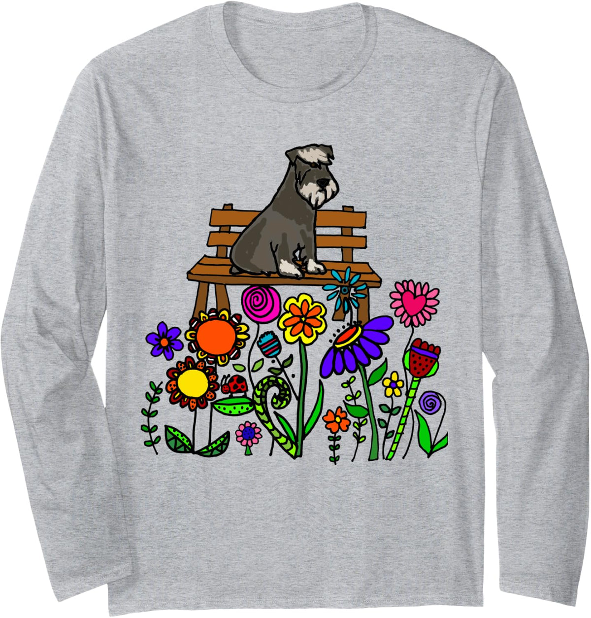 Smilemoreteesa Funny Schnauzer Dog Sitting On Garden Bench Long Sleeve T Shirt Everyday Wear