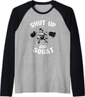 Shut Up And Squat Saying Bodybuilder Bench Press Raglan Baseball Tee T Shirt US Trend