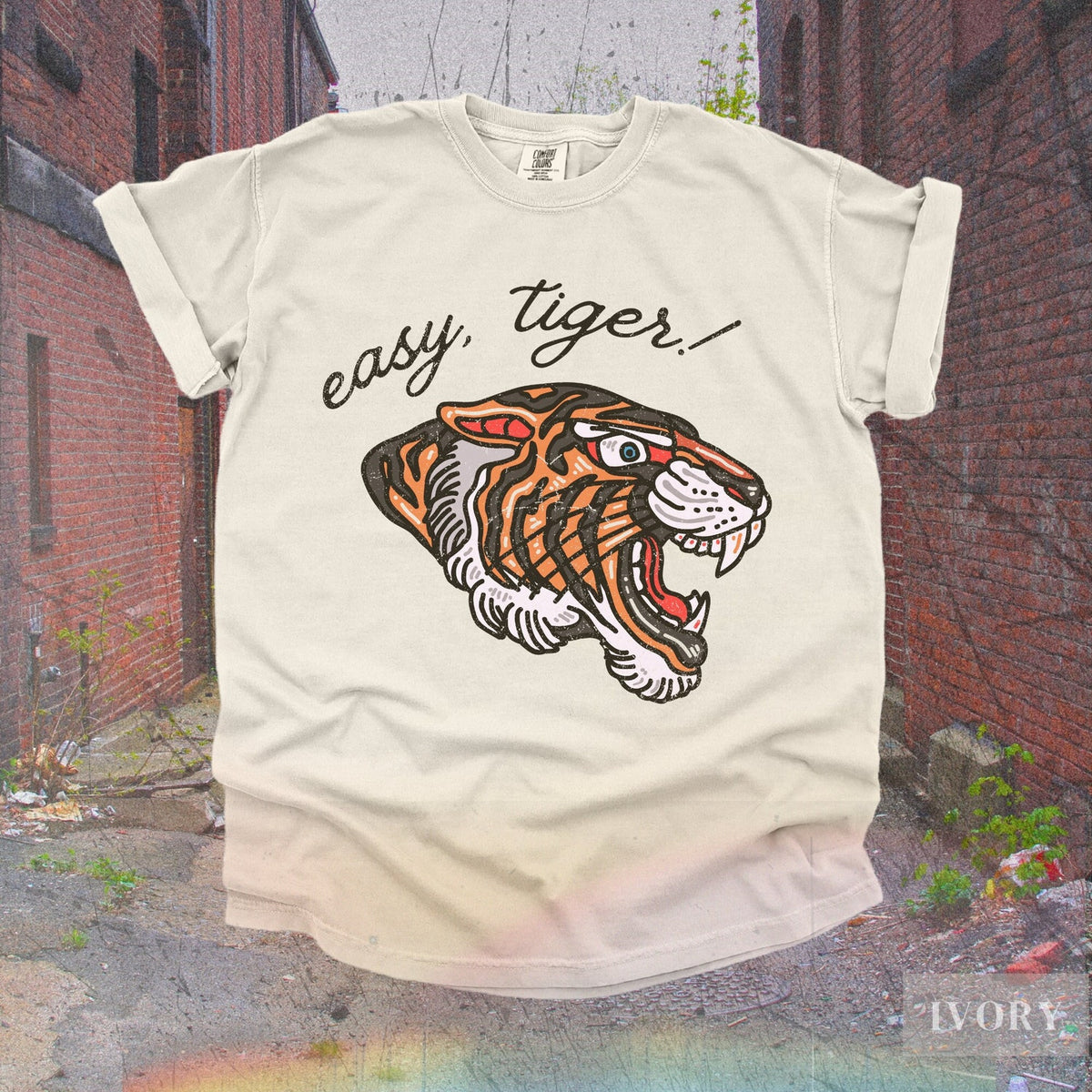 Vintage Easy Tiger TShirt | Retro Graphic Tee Shirt, Punk Grunge Heavy Metal Karate Rocker T-Shirts, Oversized Boho Distressed Cotton Shirt
