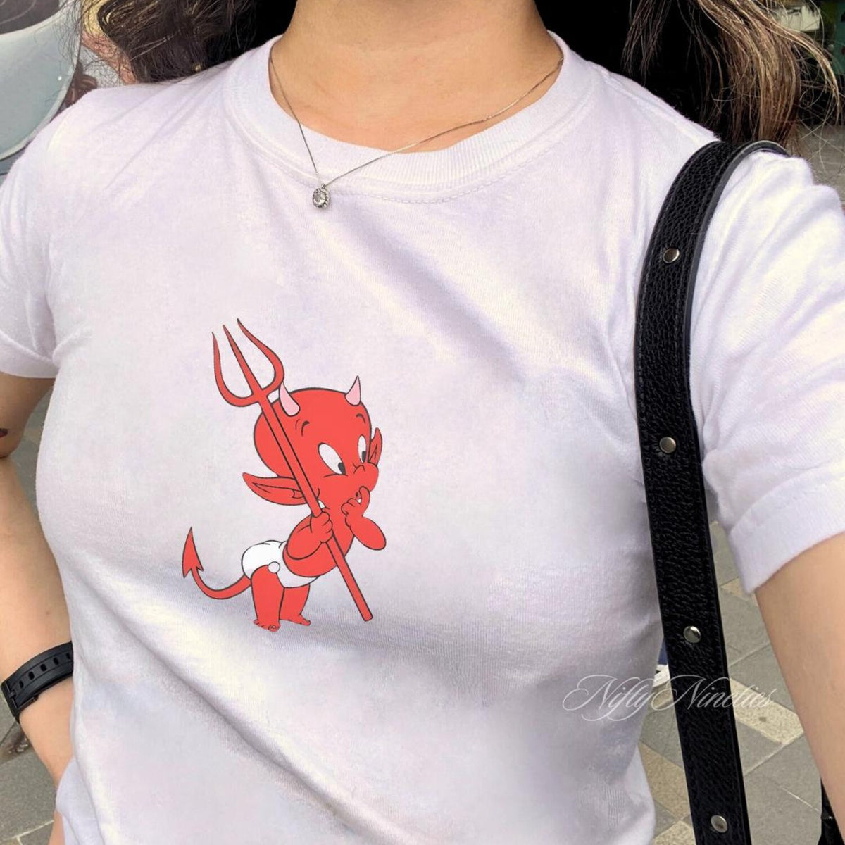 Retro Little Devil Baby Tee, Cute Demon Shirt, Coquette Style, Y2k Vintage Graphic, Pinterest Aesthetic, Baby Tee Y2k, 90s Retro Graphic