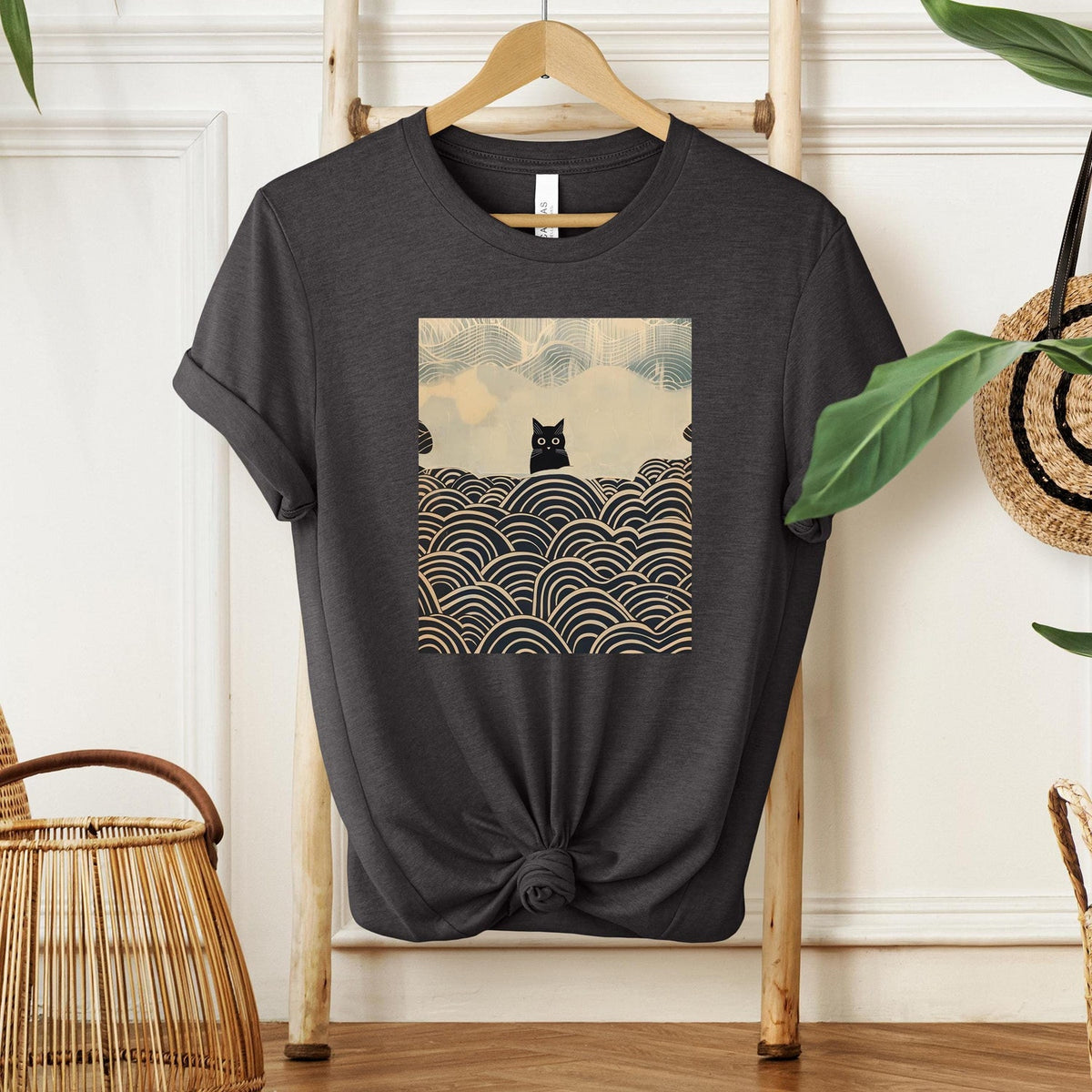 Kawaii Cat Shirt, Black Cat Tee with Japanese Wave Art, Aesthetic Design for Feline Lovers, Unisex Shirt