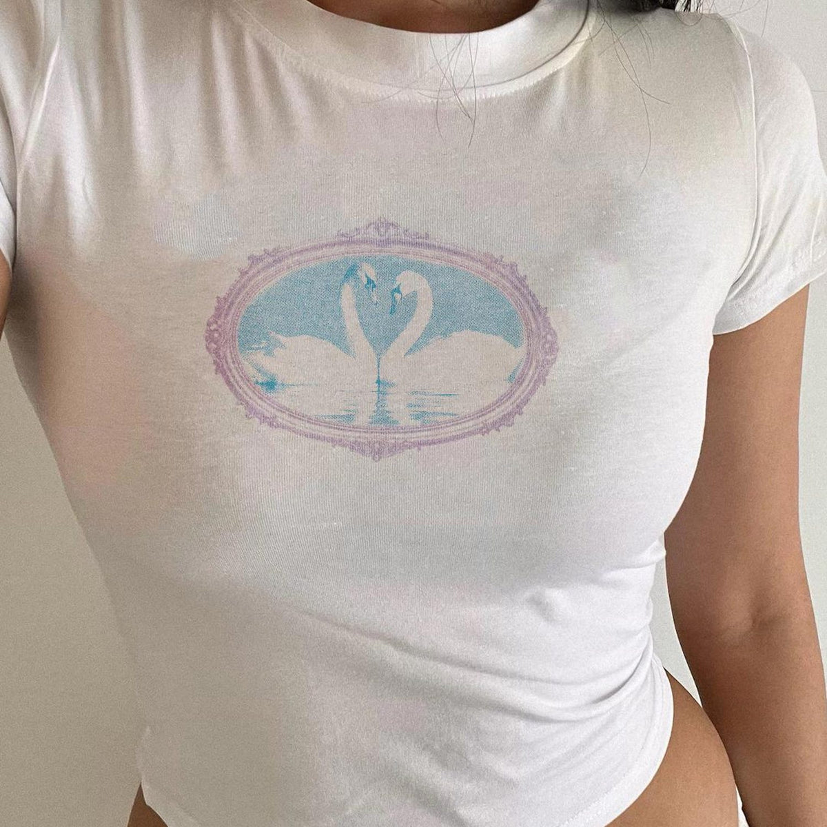 Framed Swans Baby Tee, Vintage Inspired, Cute Graphic, Womens Tiny Baby T-Shirt,  Cute y2k Graphic Shirt.