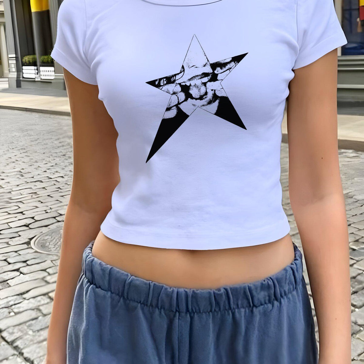 Retro Aesthetic Star Baby Tee, Y2K Women's Fitted Tee, Retro 90s Top, Trendy Y2K Fashion Crop Top, Y2K Clothing, Stylish Vintage Shirt