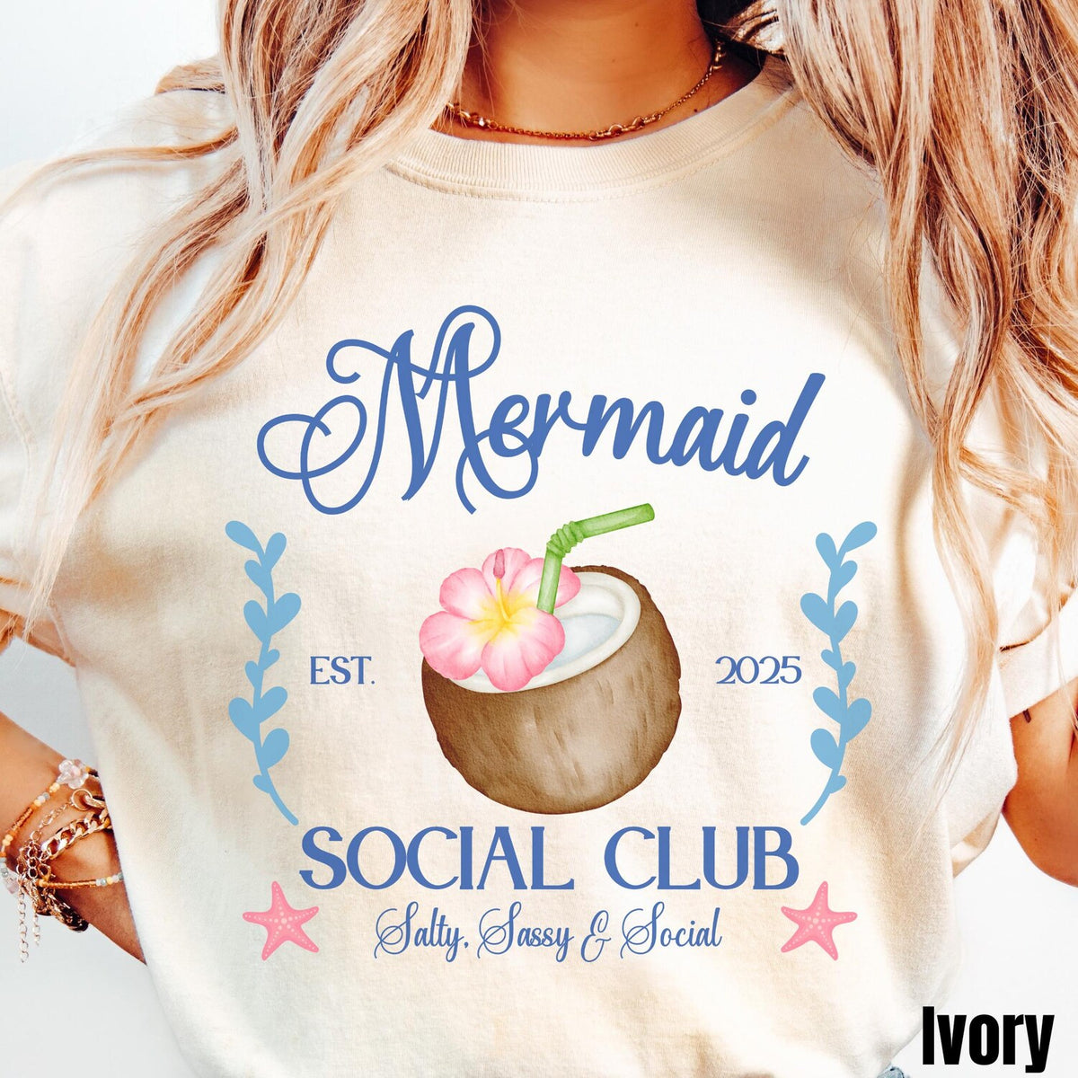 Mermaid Social Club Shirt, Comfort ColorsÂ® Summer Beach Lover Shirt, Ocean Lover Gift, Coconut Cocktail Vacation Shirt, Coastal Aesthetic
