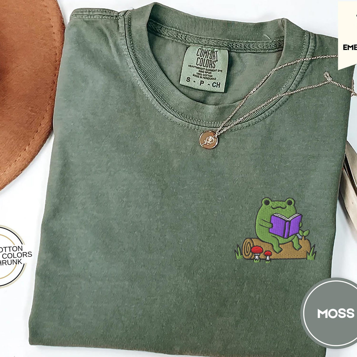 Frog Reading On A Log, Embroidered Frog Tee, Cute Amphibian Fashion, Comfort Colors T-Shirt, Nature Lover Gift, I Like Frogs Shirt, Mushroom