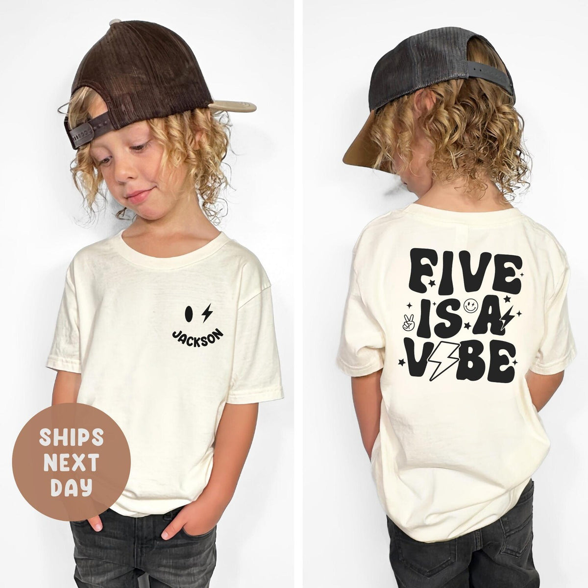 Personalized Five is a Vibe Birthday Shirt, Custom Name 5th Birthday Girl Shirt, 5th Birthday Boy Gift, Retro Groovy Fifth Birthday Shirt