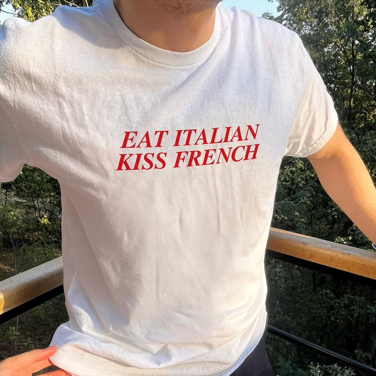 Eat Italian Kiss French T-Shirt â Aesthetic Minimalist Graphic Tee â Romantic Foodie Shirt â Trendy Euro Vibes Tee