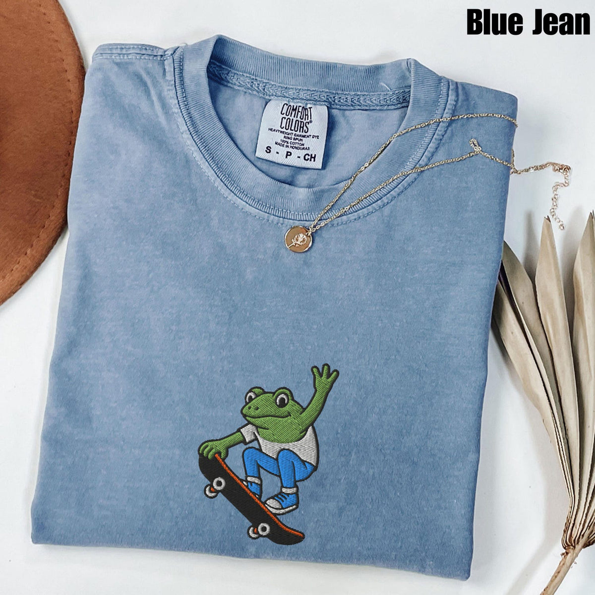 Skateboarding Frog Embroidered T-Shirt: Comfort Colors® Funny Skater Tee, Unique Gift