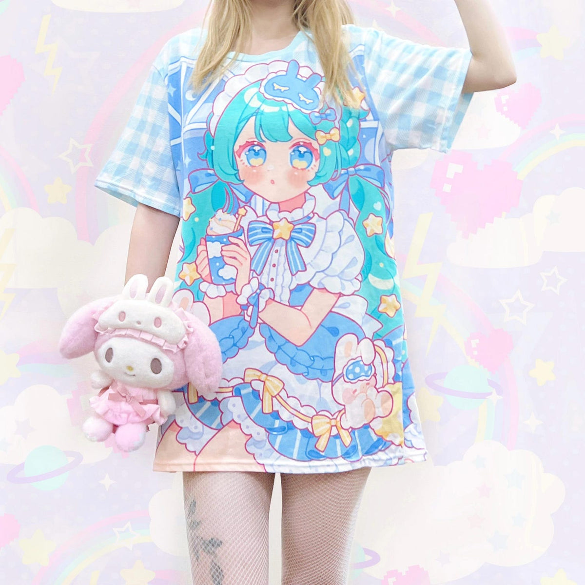 Lullaby Miku - Unisex T-shirt - (Eco-friendly fabric) fairy kei, yume kawaii, harajuku, jfashion, cute kawaii anime girl, pastel blue - ET12