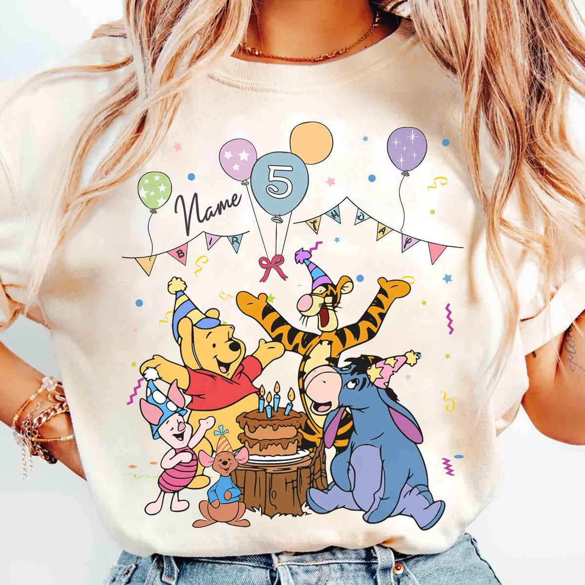 Personalized Name Age Winnie the Pooh Birthday T-Shirt, Custom Disney Eeyore Tigger Piglet Birthday Present Gift, Disneyland Family Trip Tee