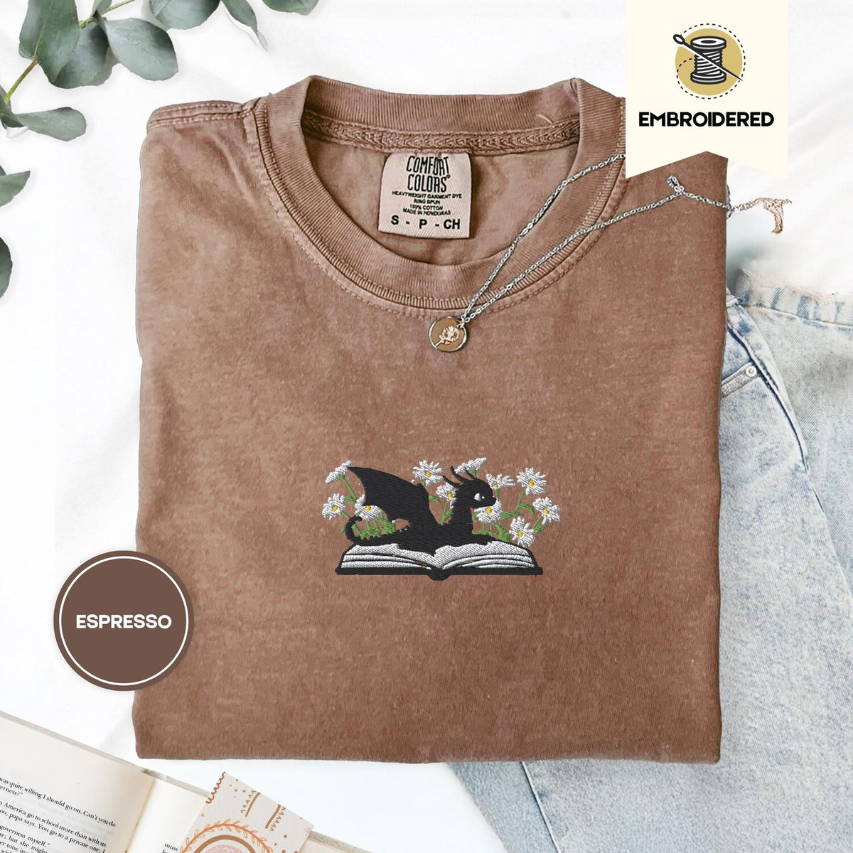 Embroidered Dragon and Daisies T-Shirt, Comfort Colors Floral Tee, Cute Fantasy Reader Shirt, Cozy Gift for Book Club Librarians