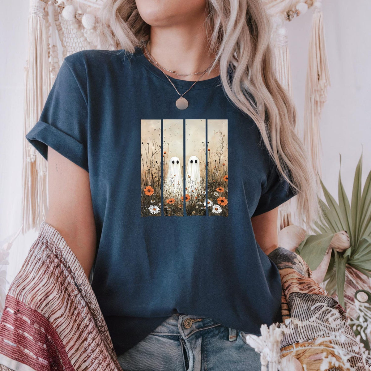Cute Ghost in Wildflowers Shirt Spooky Fall Aesthetic Halloween Floral Tee Retro October Graphic T-Shirt Cozy Ghostcore Gift