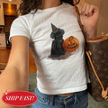 Spooky Cat Baby Tee Y2K Shirt Halloween Aesthetic Shirt Cute Black Cat With Pumpkin Tee Witchy Vintage Shirt Cute Halloween Graphic Baby Tee