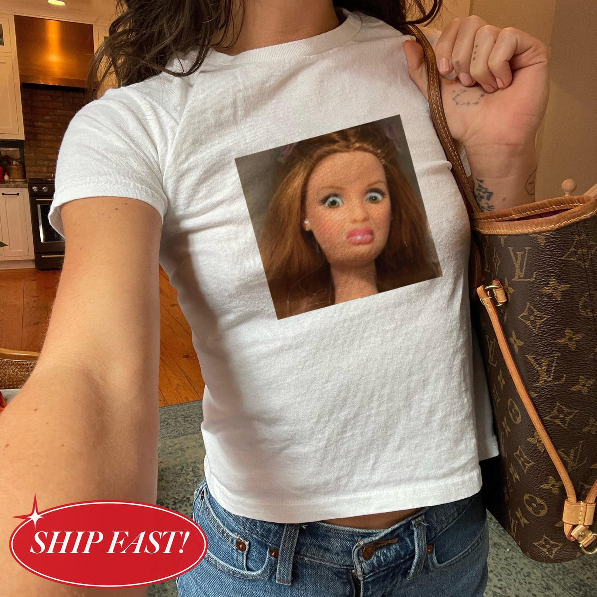 Funny Doll Face Baby Tee Funny Judging Expression Y2K TikTok Meme Shirt Sarcastic WTF Look Tee Retro Cute Sassy Aesthetic Graphic Shirt
